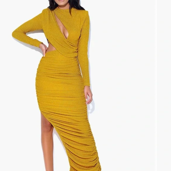 Glamorous Gold Long Sleeve Evening Dress - Picture 2 of 2